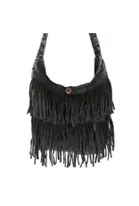 Boho-Chic Black Cotton Crossbody Bag: Double Fringe Accent, Nepal