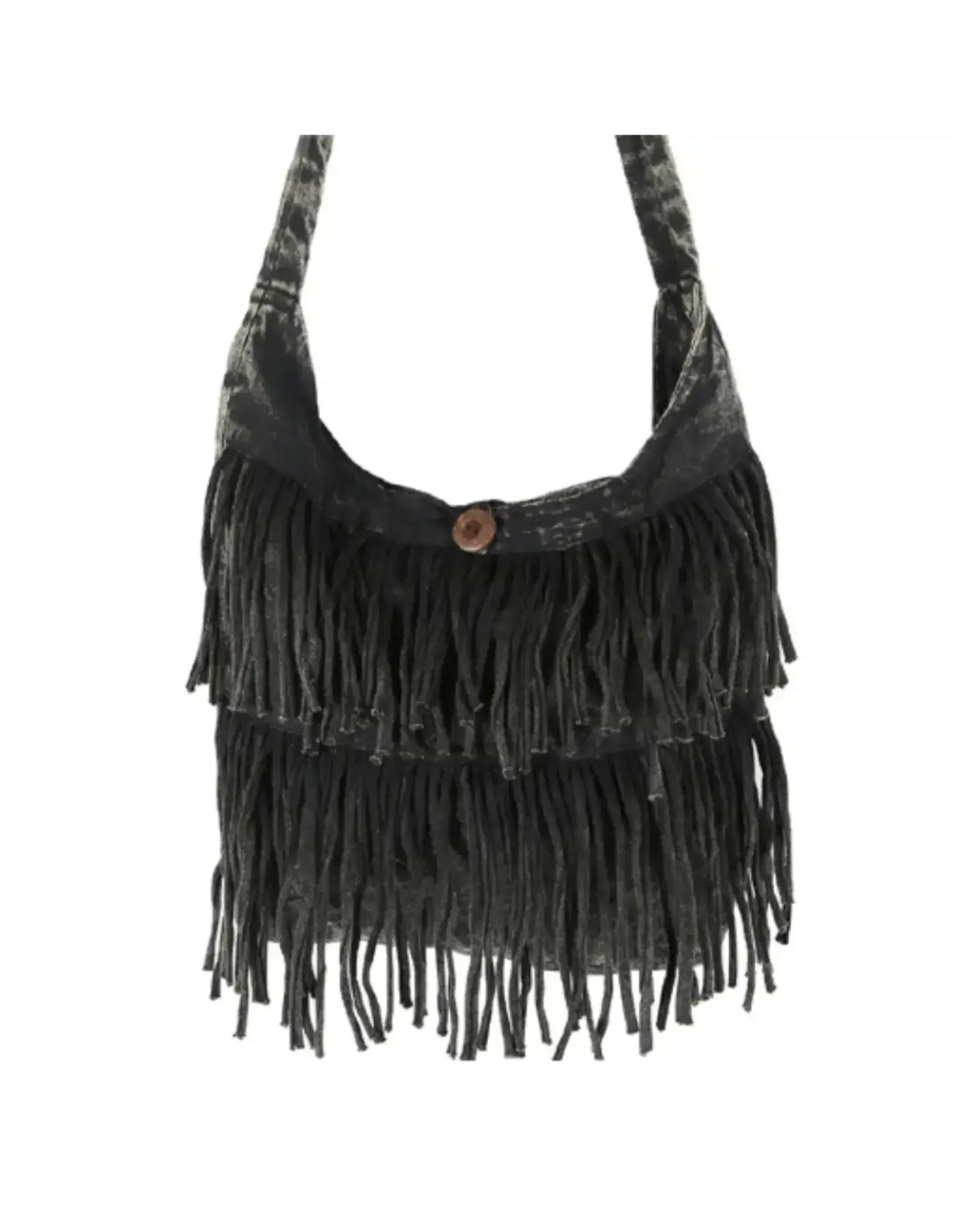 Boho-Chic Black Cotton Crossbody Bag: Double Fringe Accent, Nepal