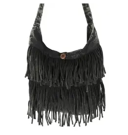Boho-Chic Black Cotton Crossbody Bag: Double Fringe Accent, Nepal