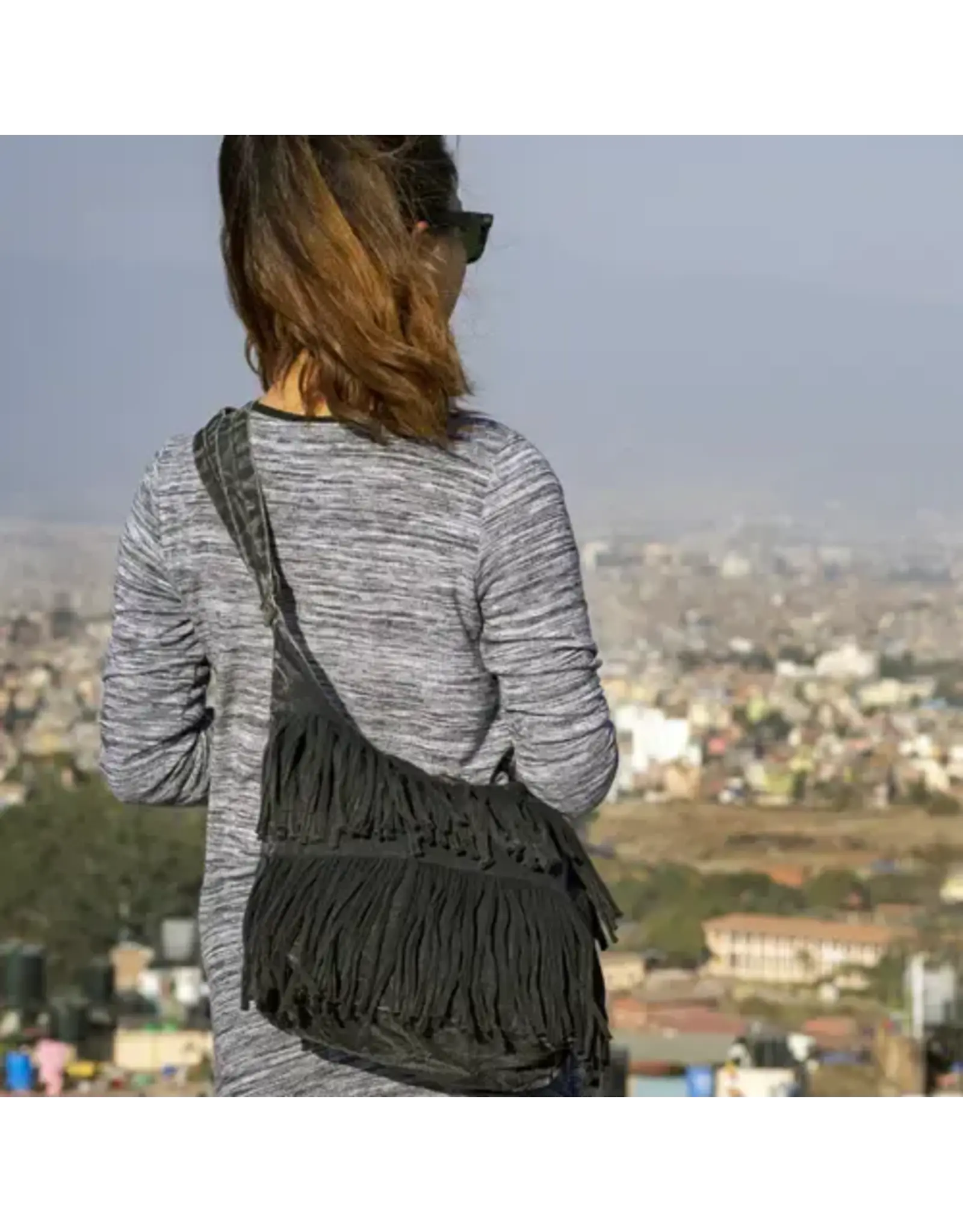Boho-Chic Black Cotton Crossbody Bag: Double Fringe Accent, Nepal