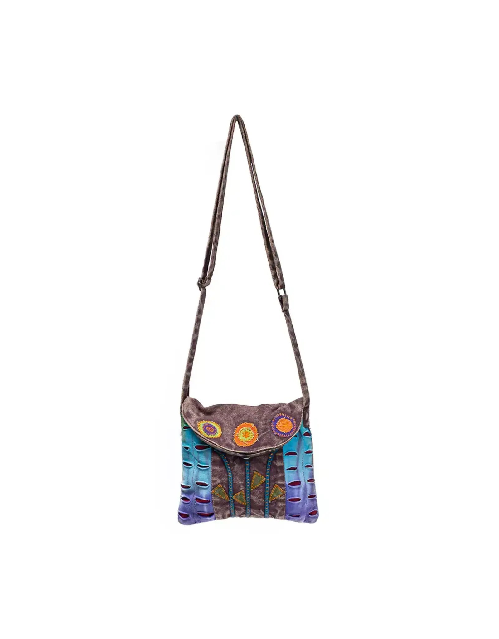 Brown Stonewash Crossbody with Hand-Stitched Flower Nepal