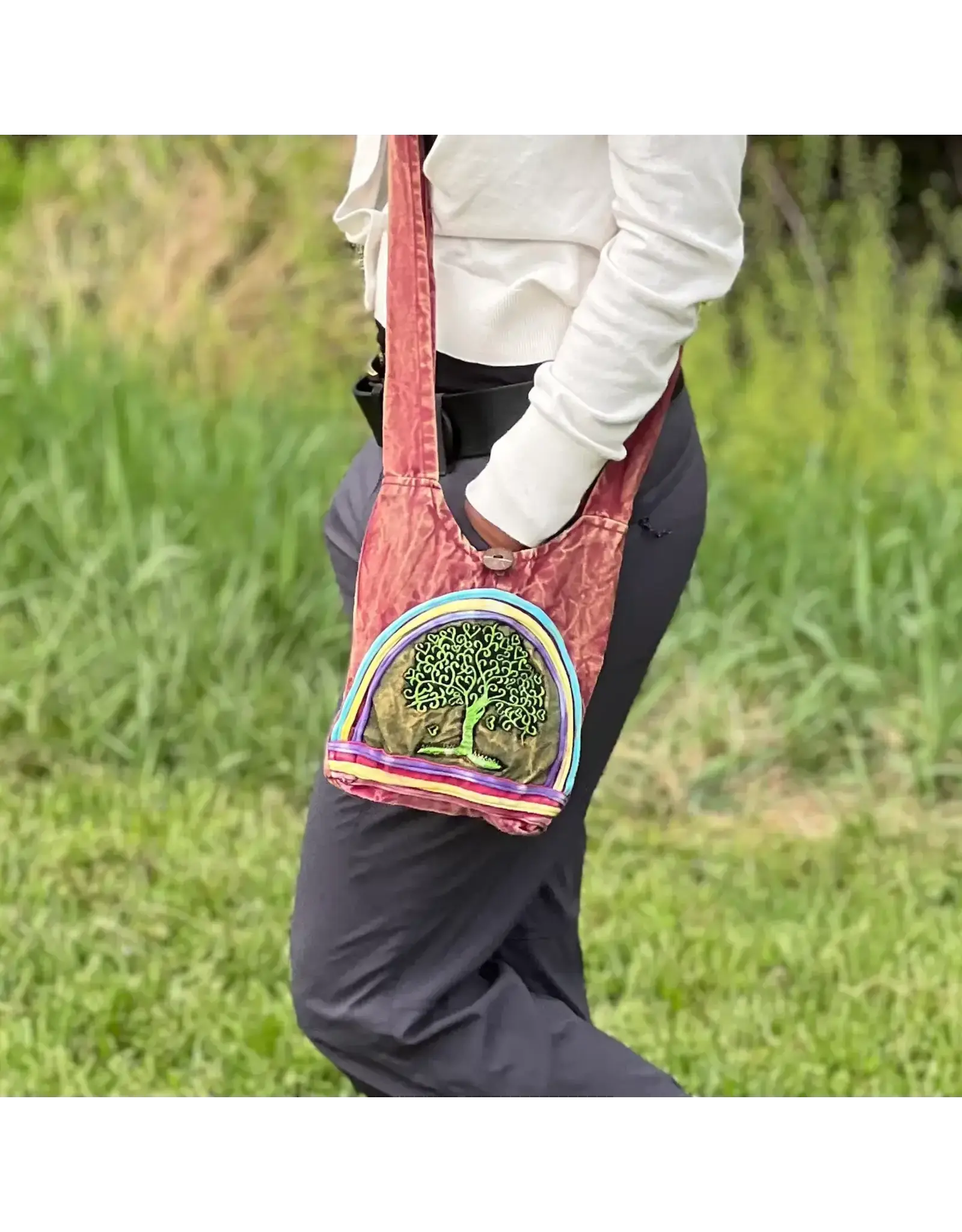 Reddish Stonewashed Passport Sling with Tree of Life Print