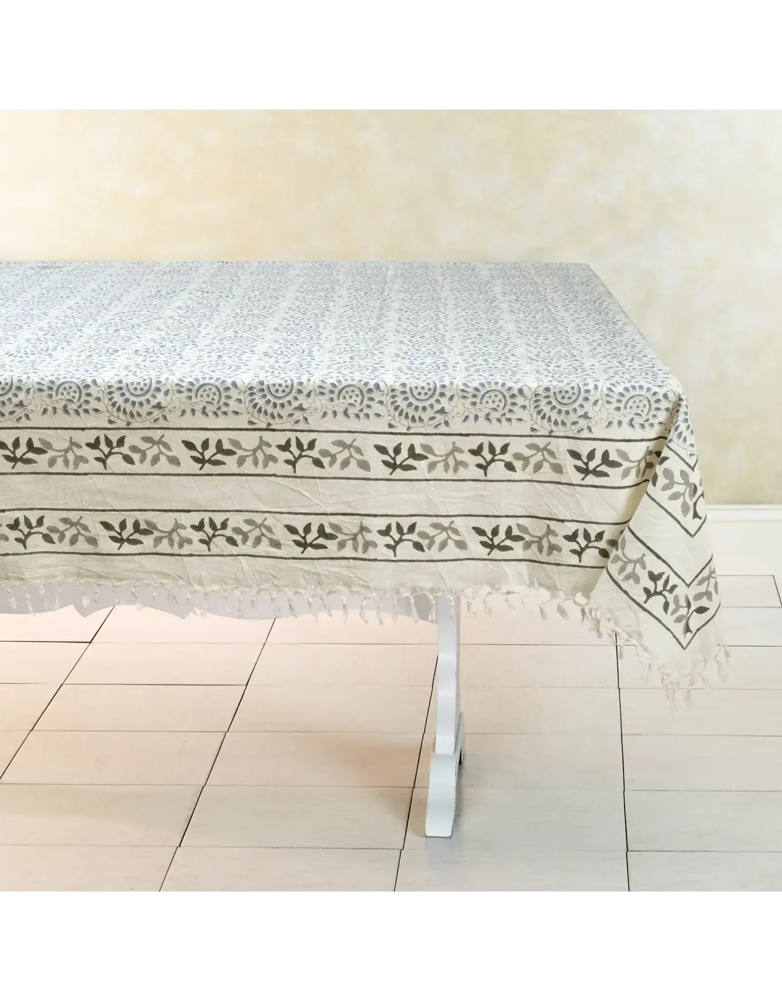 Cotton Tablecloth | Hand Block Print | Spiral Blue W/Tassels, 60 x 90