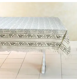 Cotton Tablecloth | Hand Block Print | Spiral Blue W/Tassels, 60 x 90