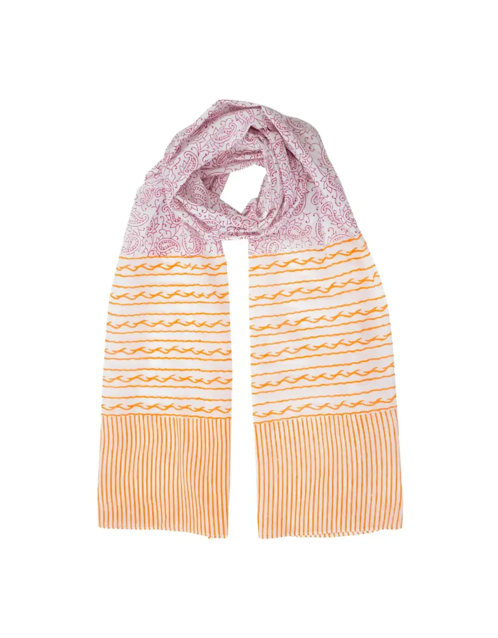 Paisley and Stripe Pink and Orange Cotton Scarf