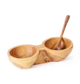 Double Wild Olive Wood & Bone Spice Bowl with Spoons, Kenya