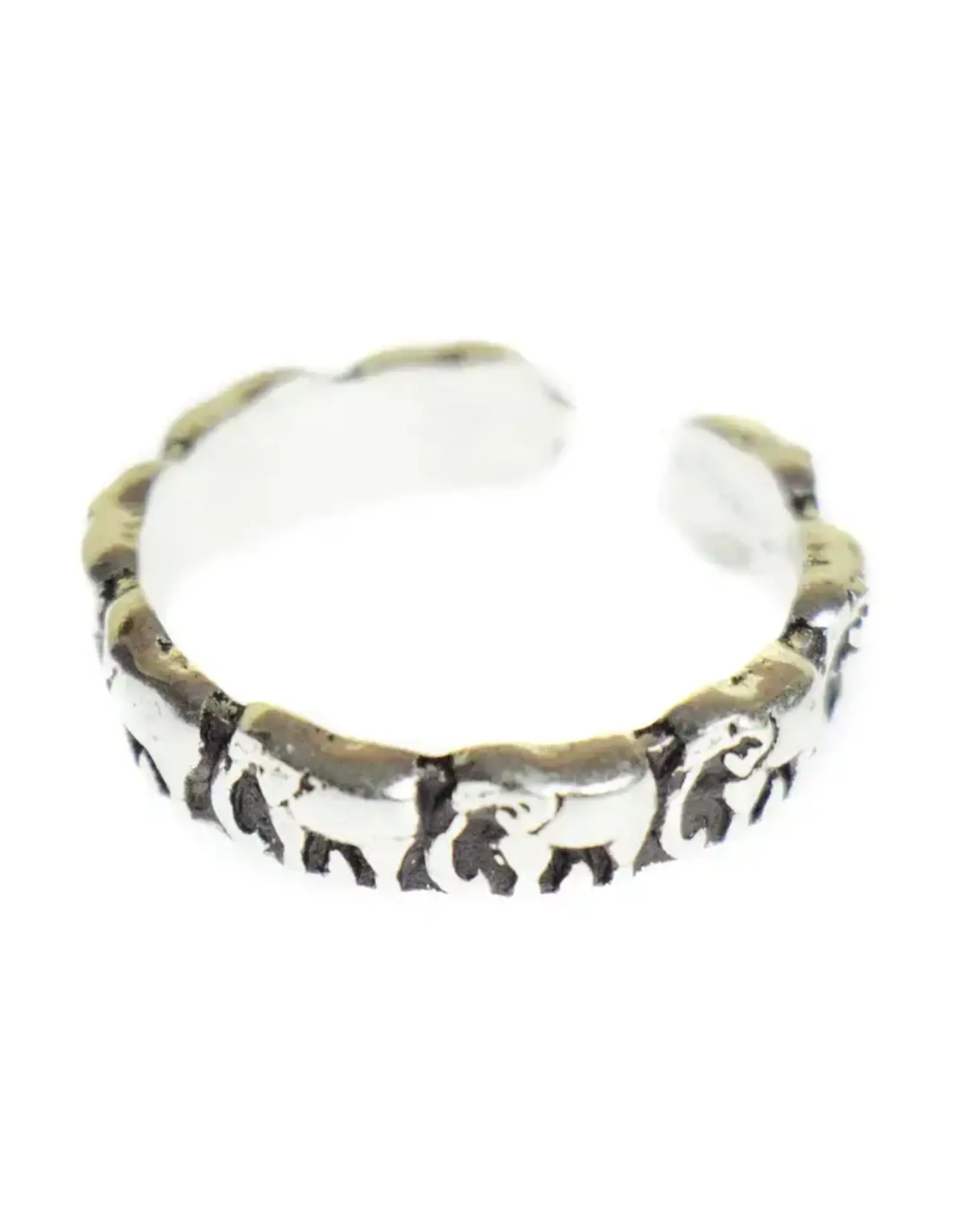 Embossed Elephant Brass Adjustable Ring, Silver India