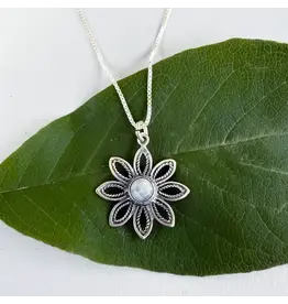 Rainbow Moonstone Flower Necklace, Sterling Silver