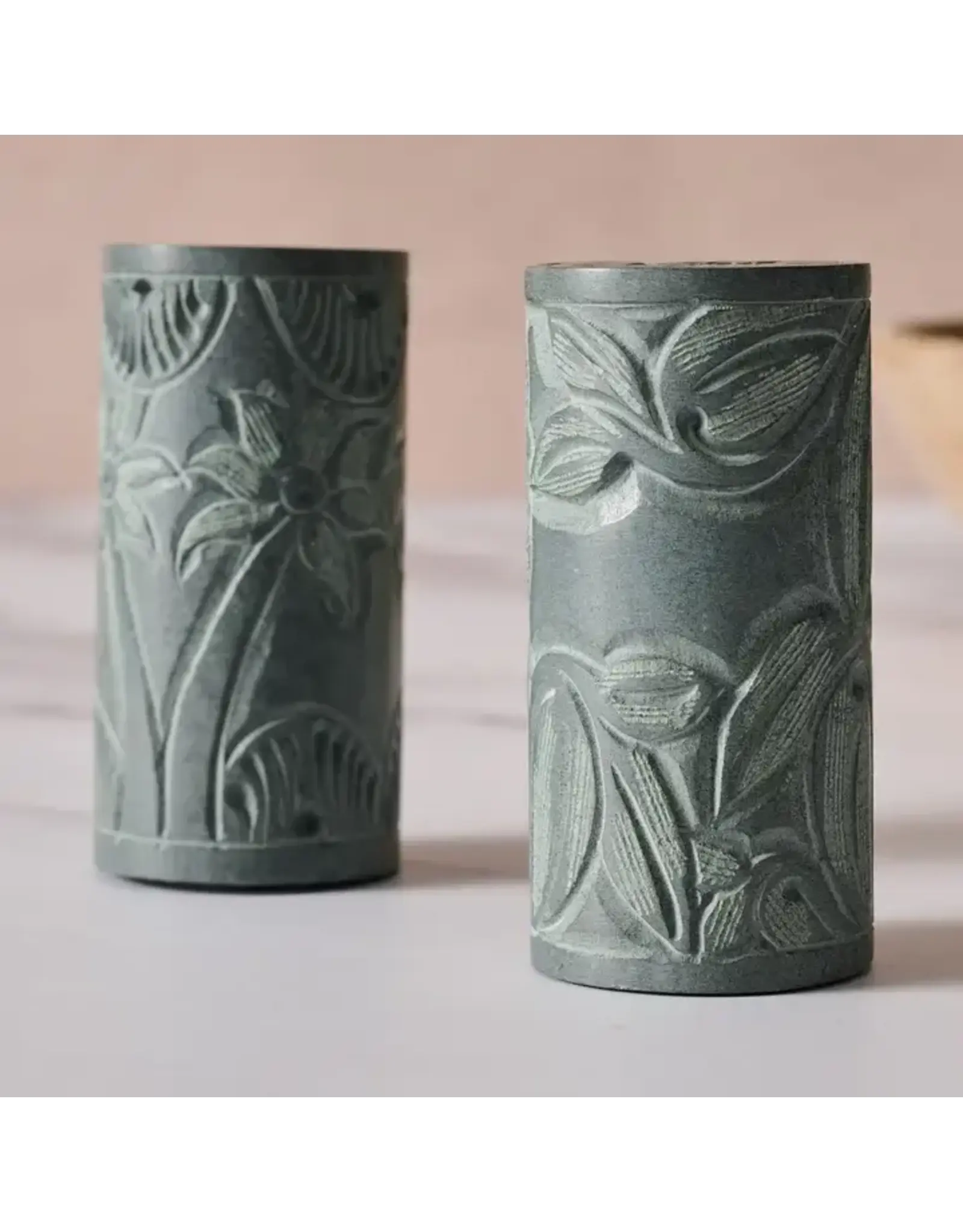 Valli Carved Palewa Stone Salt + Pepper Shakers, India