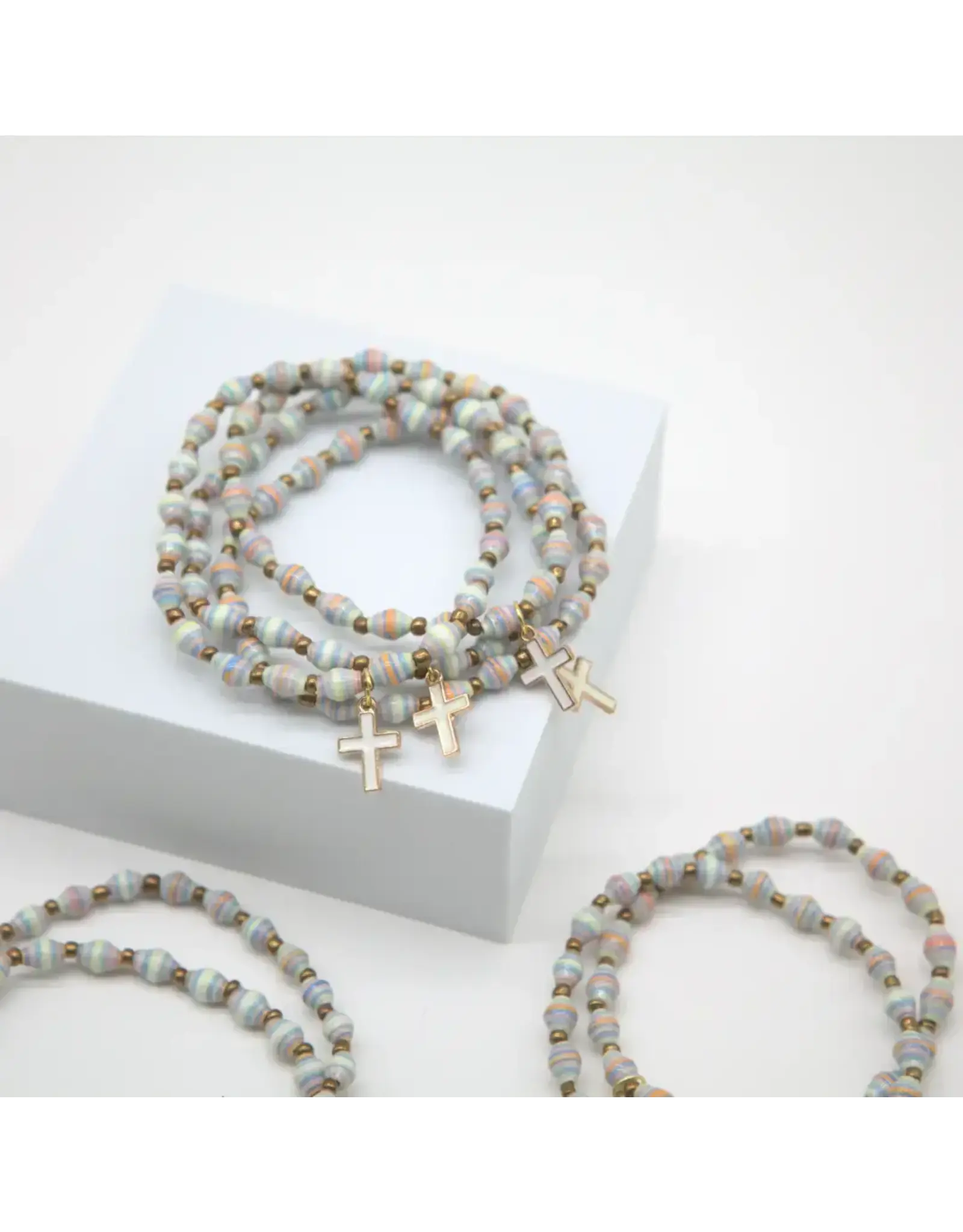 Cross Charm Stretchy Paper Bracelet,  White Cross, Uganda