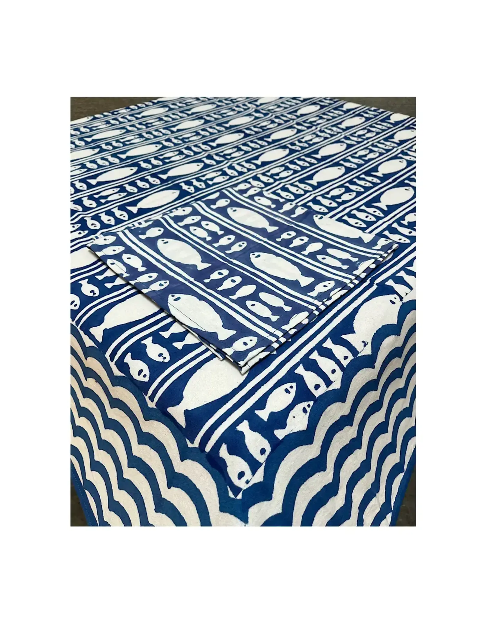 Tablecloth Round Striped Fish Blue 85"