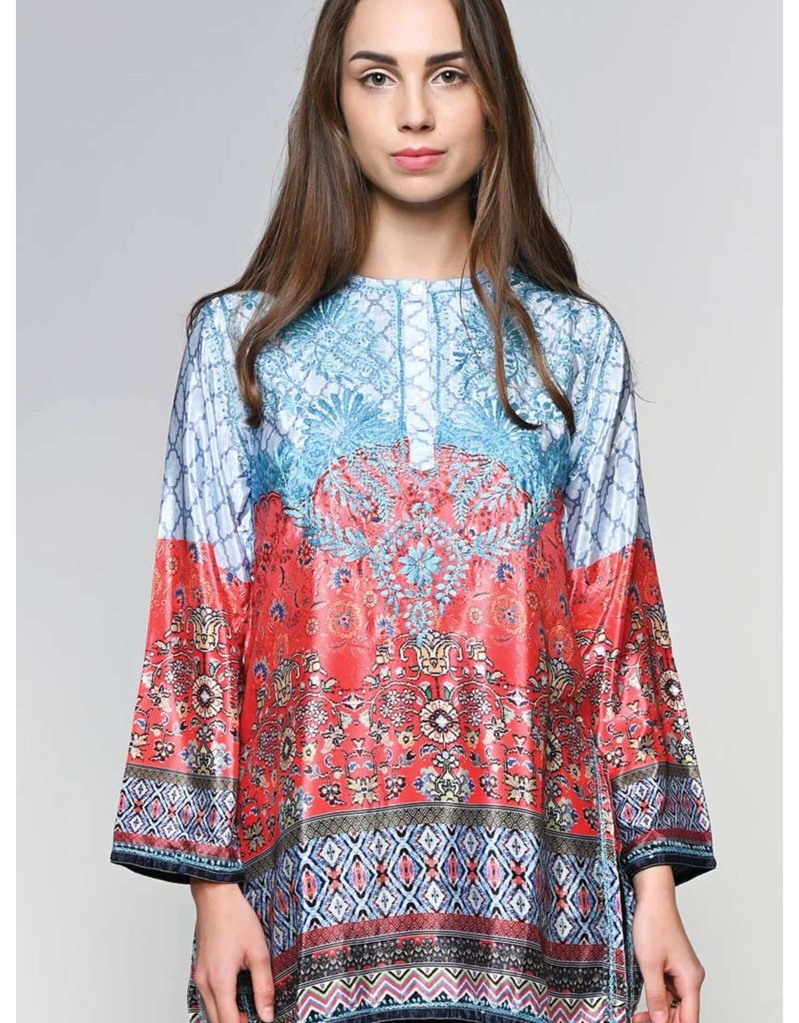 Trade roots Deena Embroidered Tunic, Aqua & Melon