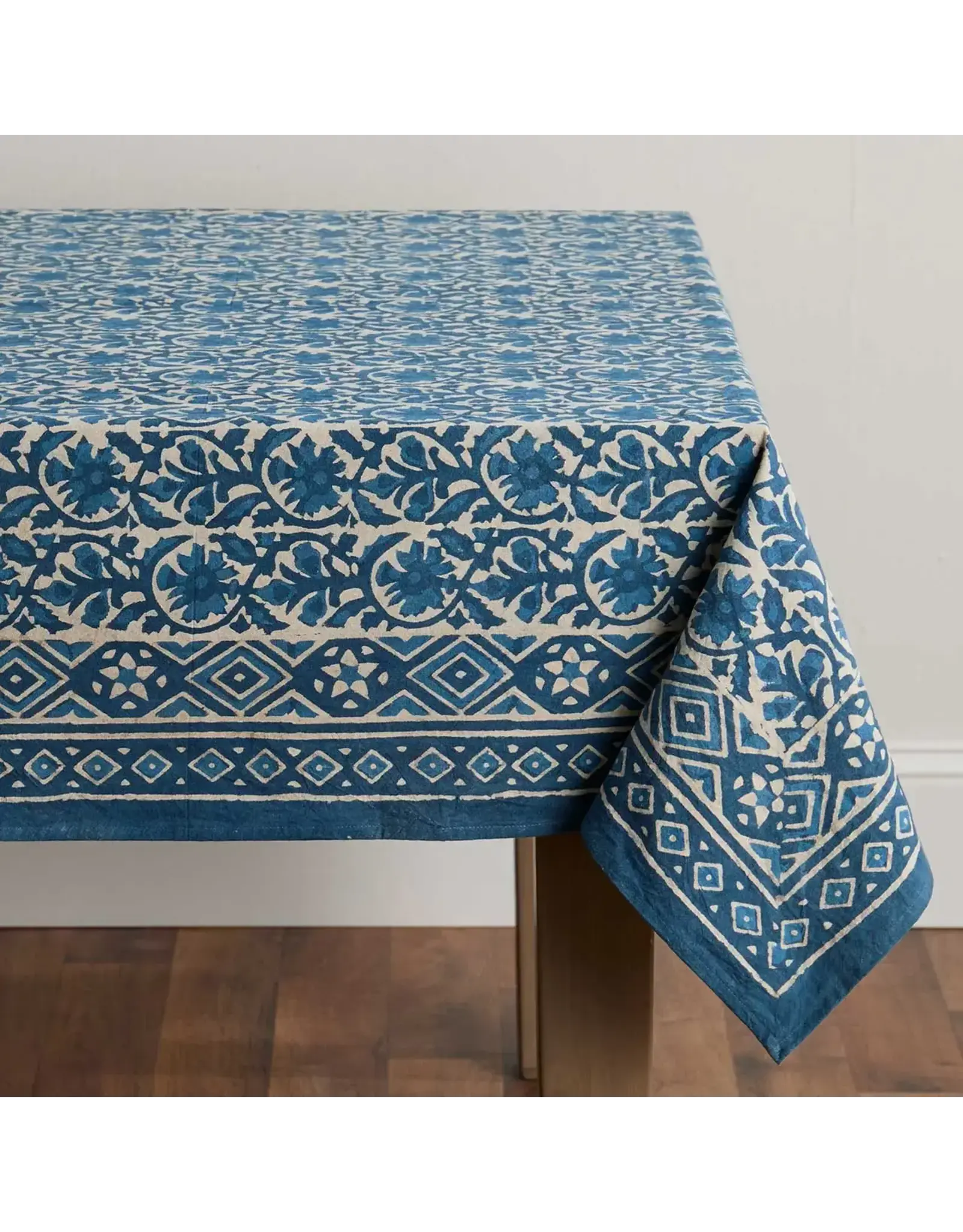 Indigo Dabu Jasmine Block Print Tablecloth, 60 x 90