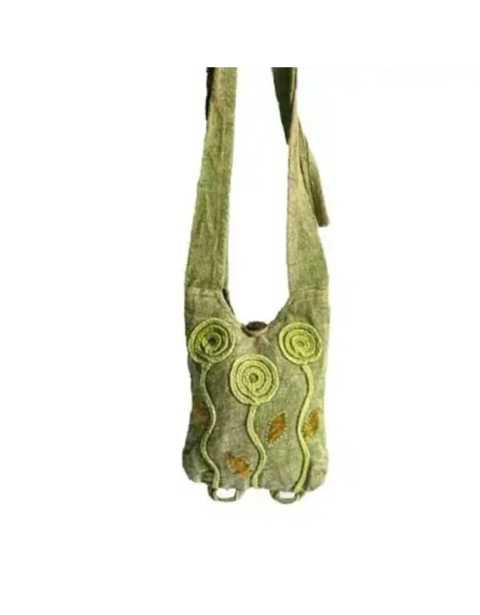 Olive Green Cotton Crossbody Bag w Hand-woven Flowers