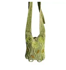 Olive Green Cotton Crossbody Bag w Hand-woven Flowers