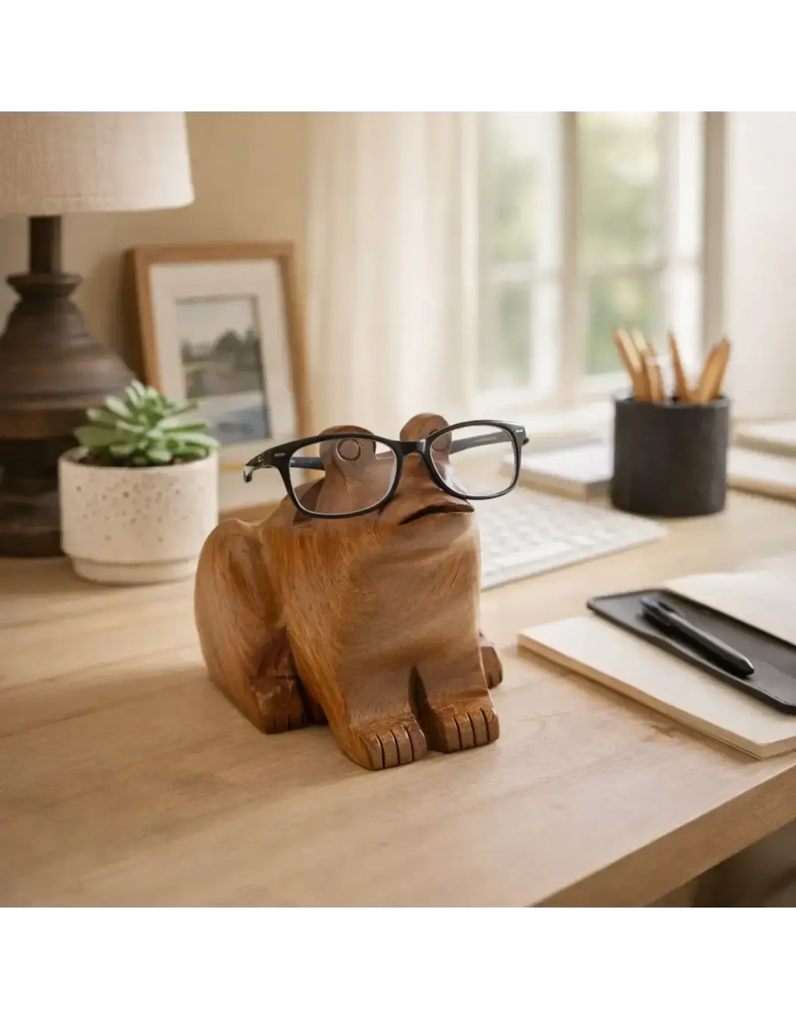 Frog Eyeglass Holder Stand - Hand Carved Wood