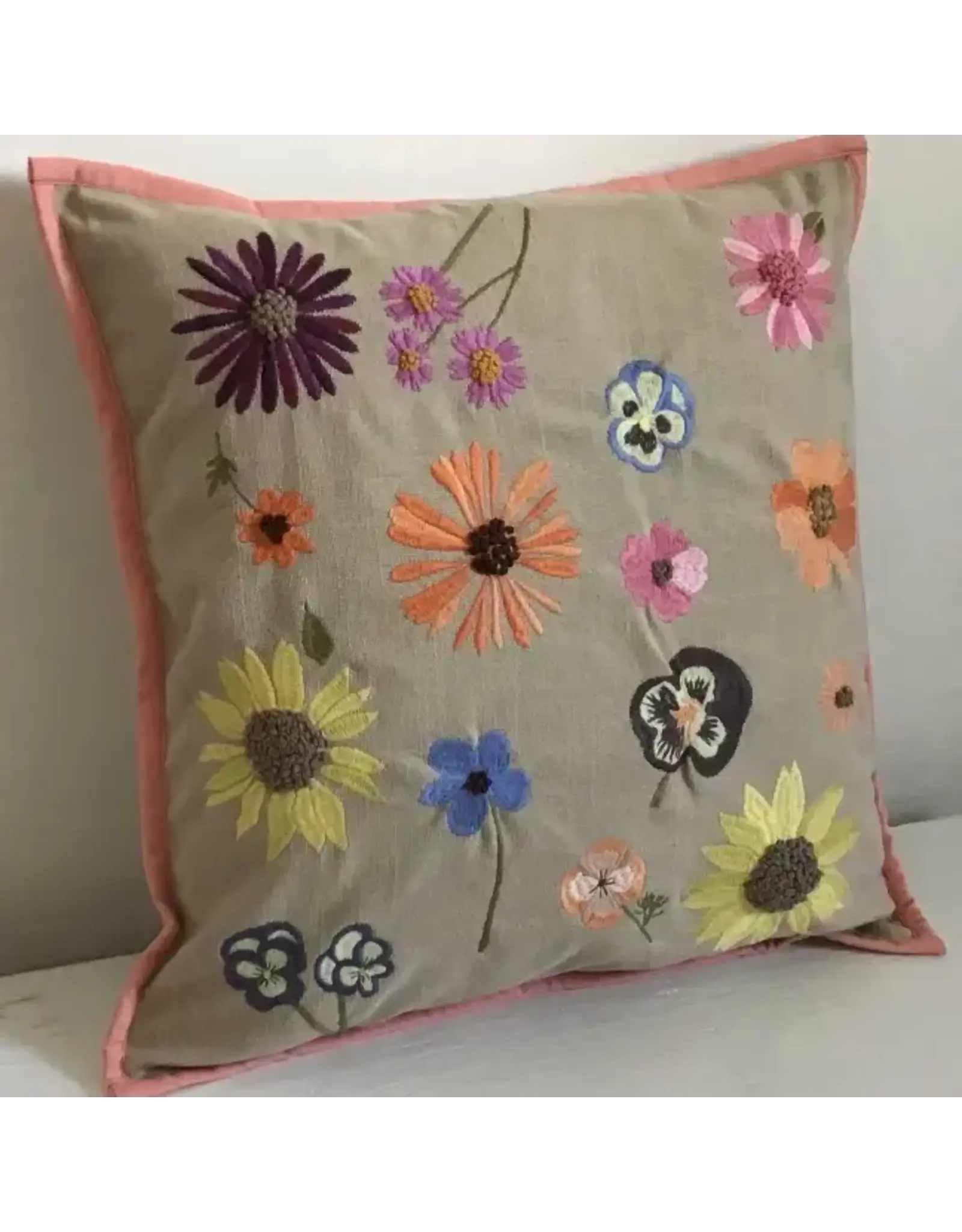 Pillow Aplique 16" Pressed Flower Linen Multi