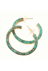 Bold Hoop Inlay Turquoise and Brass Earrings. Nepal