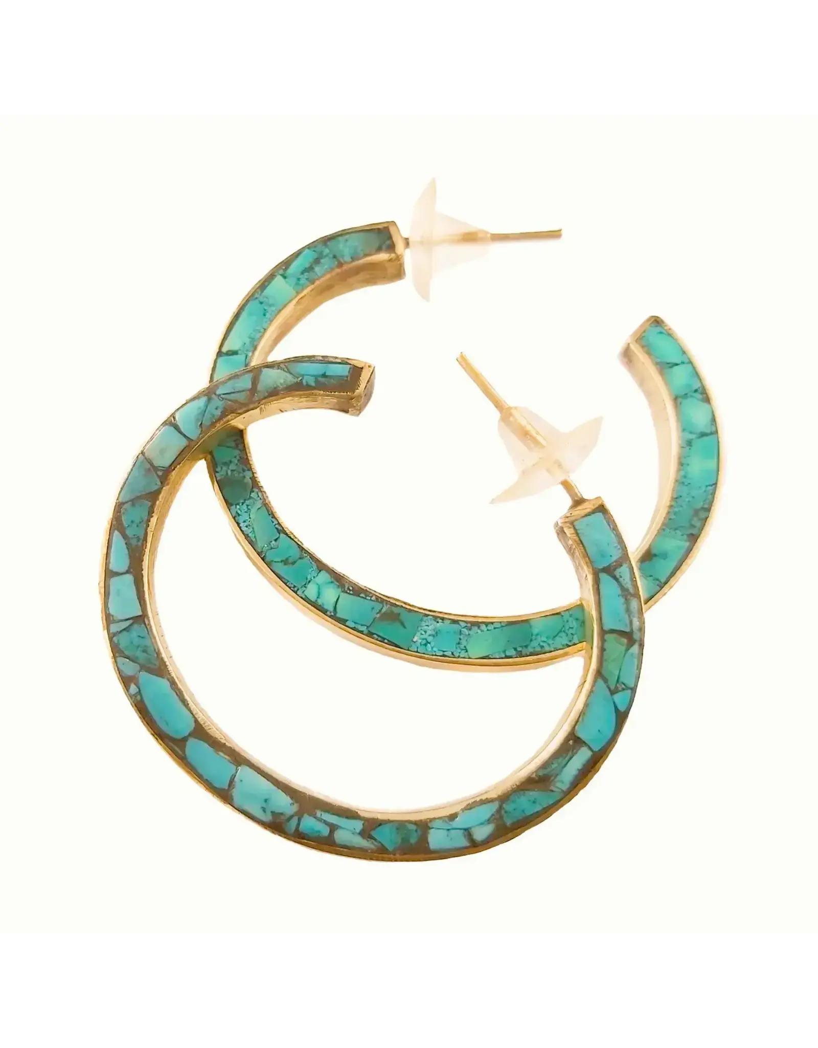 Bold Hoop Inlay Turquoise and Brass Earrings. Nepal