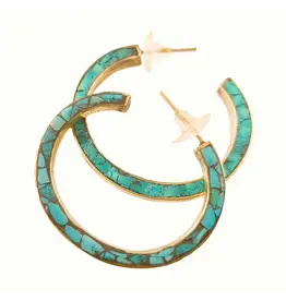 Bold Hoop Inlay Turquoise and Brass Earrings. Nepal