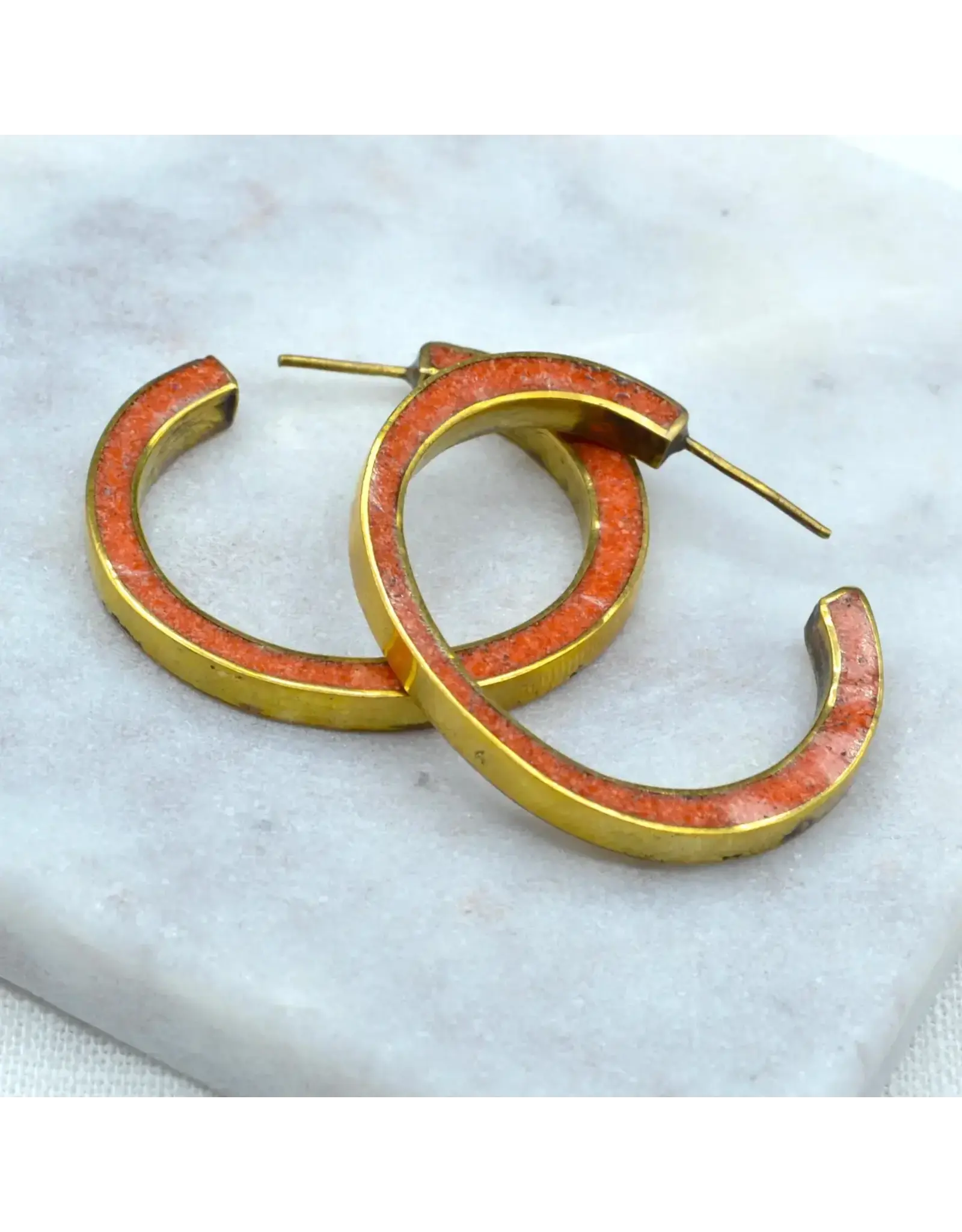 Bold Hoop Inlay Coral and Brass Earrings, Nepal