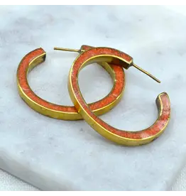 Bold Hoop Inlay Coral and Brass Earrings, Nepal