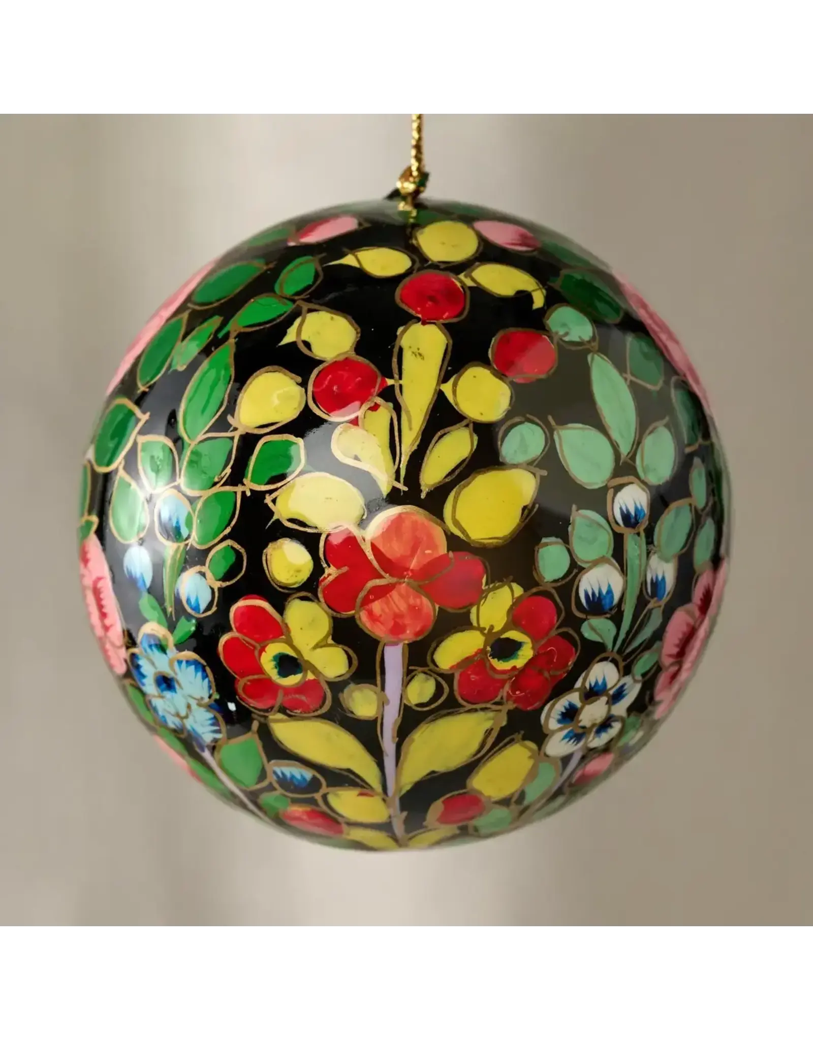Ameer Paper Mache Ball Ornament - Floral On Dark, India