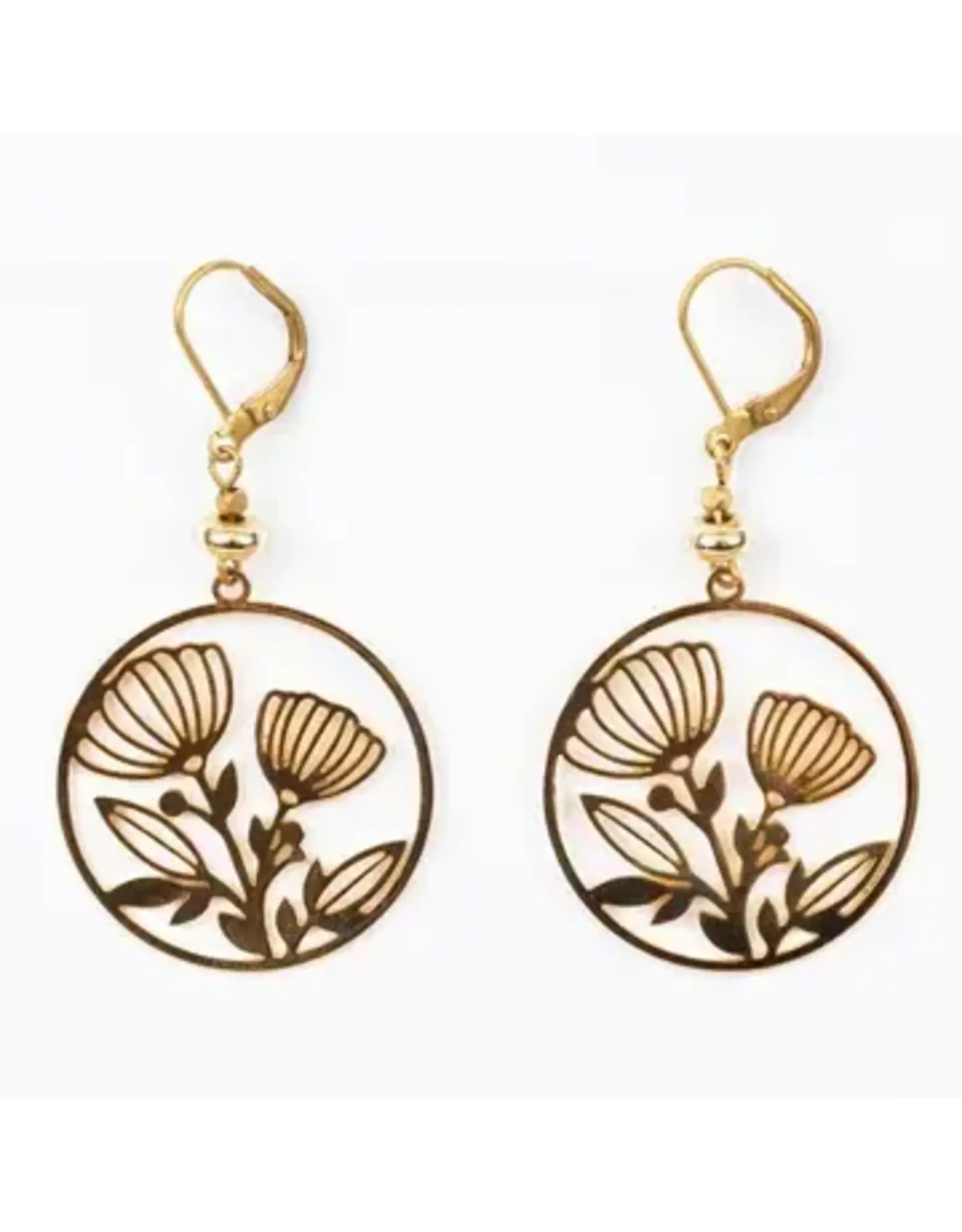 24K Plate Circle Frame Flower Earrings