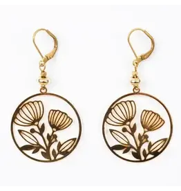 24K Plate Circle Frame Flower Earrings