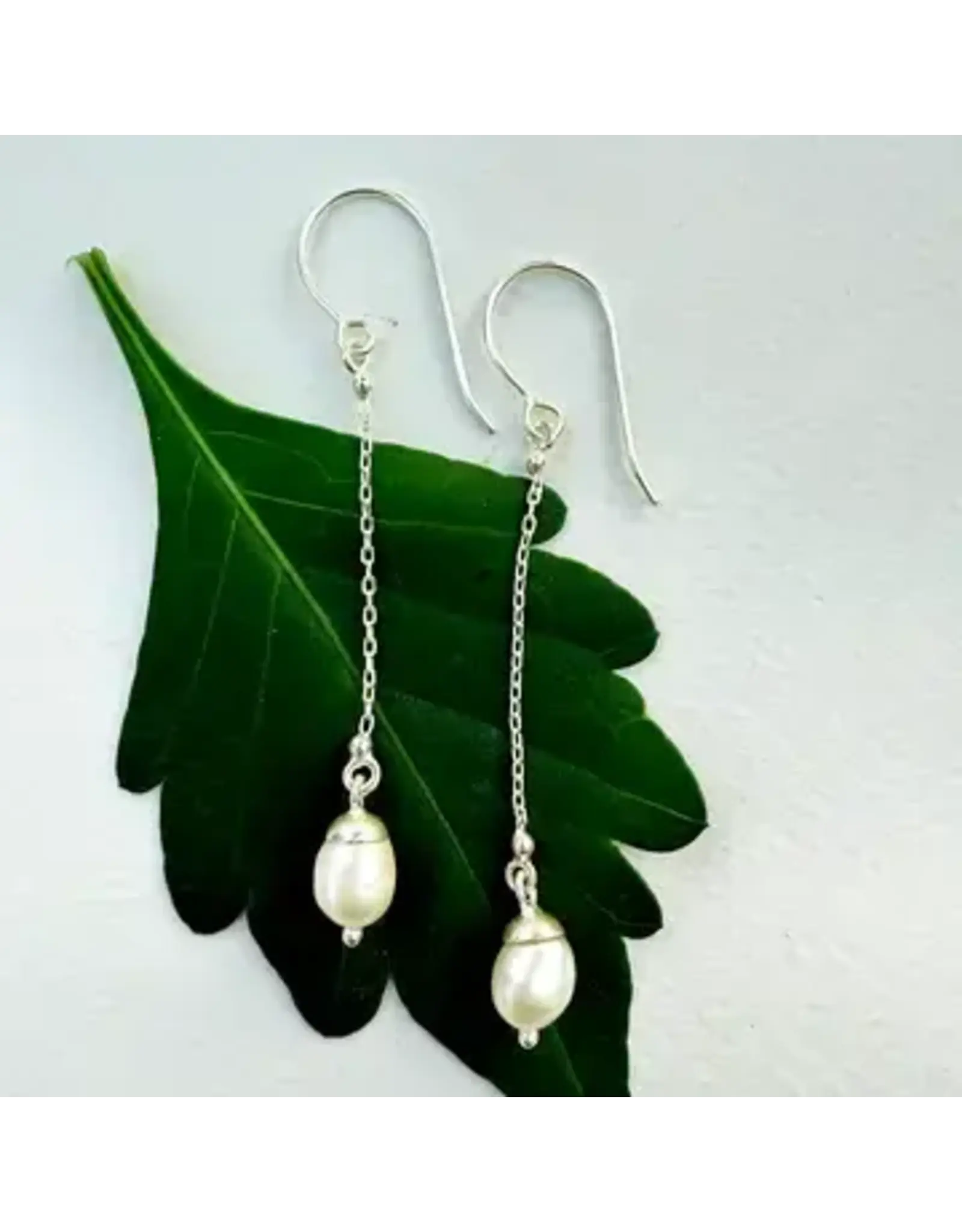 Pearl On A Chain Earrings - Sterling Silver, Indonesia