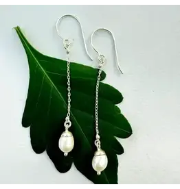 Pearl On A Chain Earrings - Sterling Silver, Indonesia