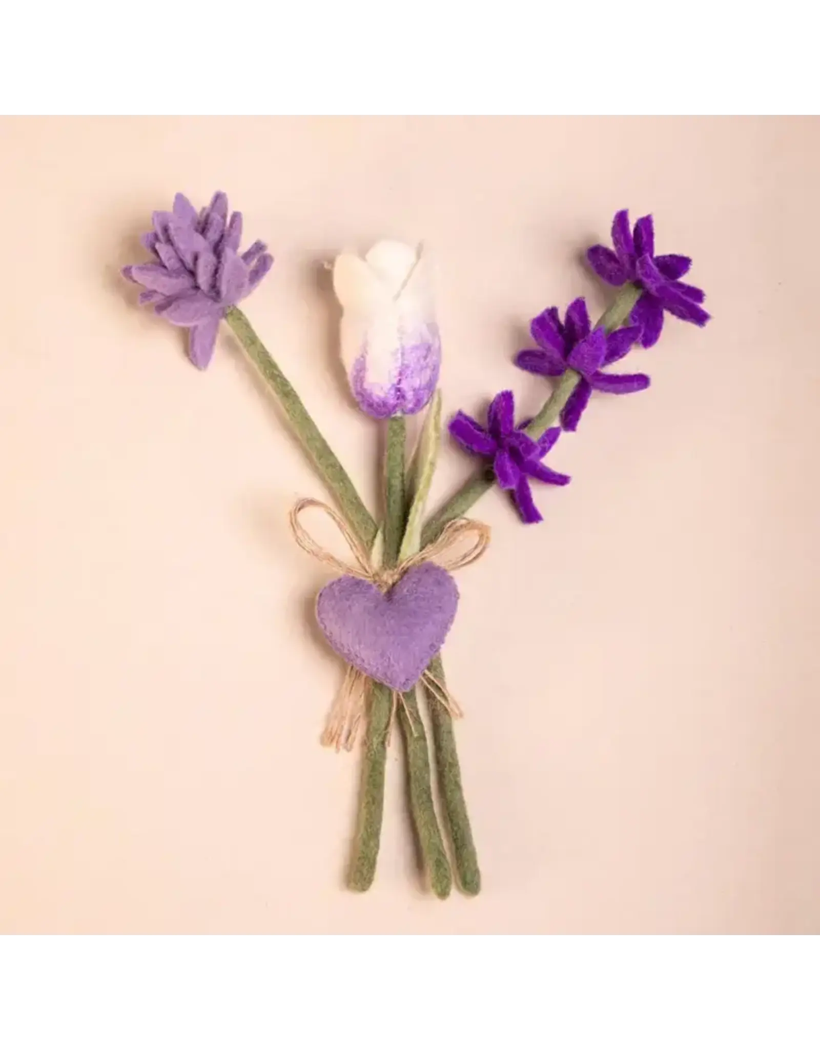 Handmade Mixed Felt Bouquet with Tulip Stem & Heart Charm – White with Lavender Accent