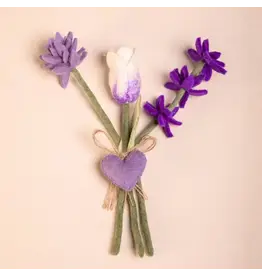 Handmade Mixed Felt Bouquet with Tulip Stem & Heart Charm – White with Lavender Accent