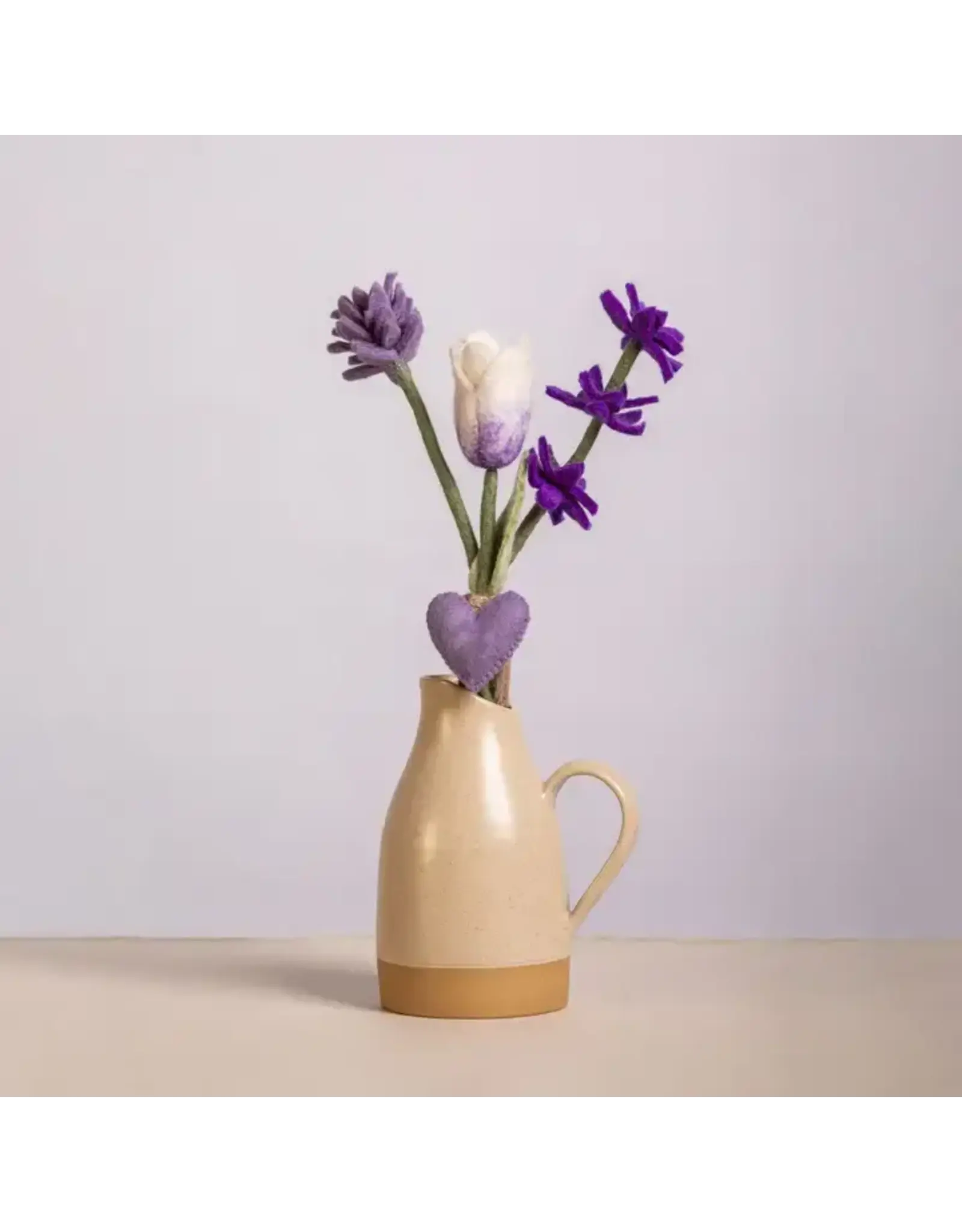 Handmade Mixed Felt Bouquet with Tulip Stem & Heart Charm – White with Lavender Accent