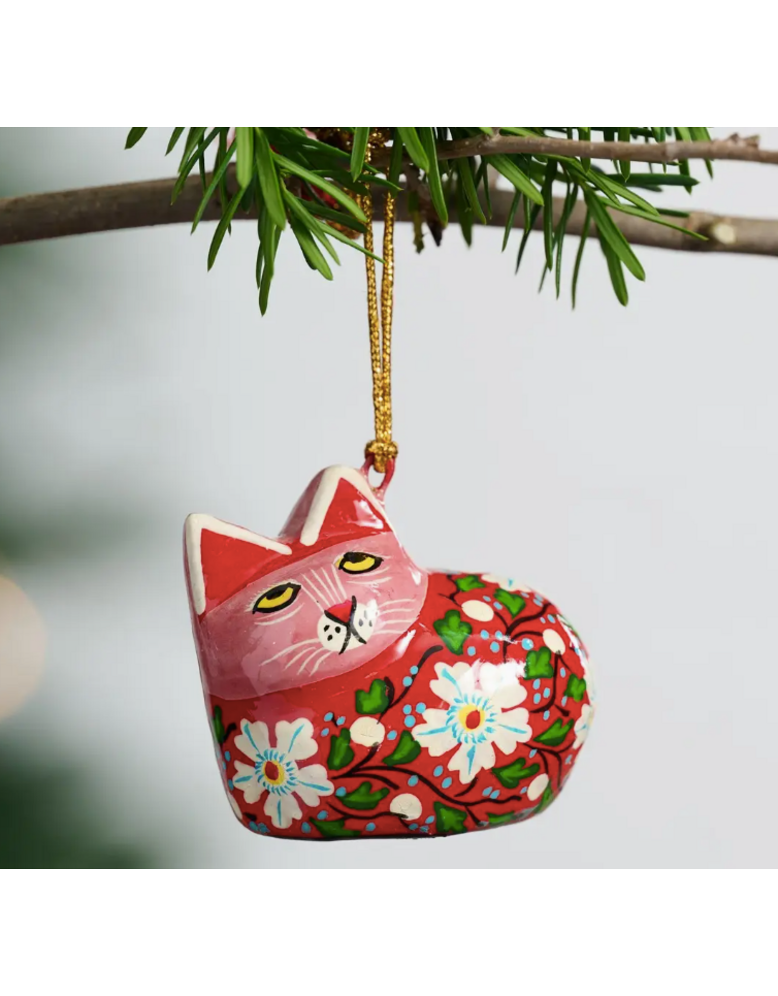 Painted Floral Cat Paper Mache Ornament, India