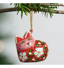 Painted Floral Cat Paper Mache Ornament, India