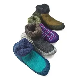 Fleece-Lined Wool Knit Slipper with Leather Sole, Nepal