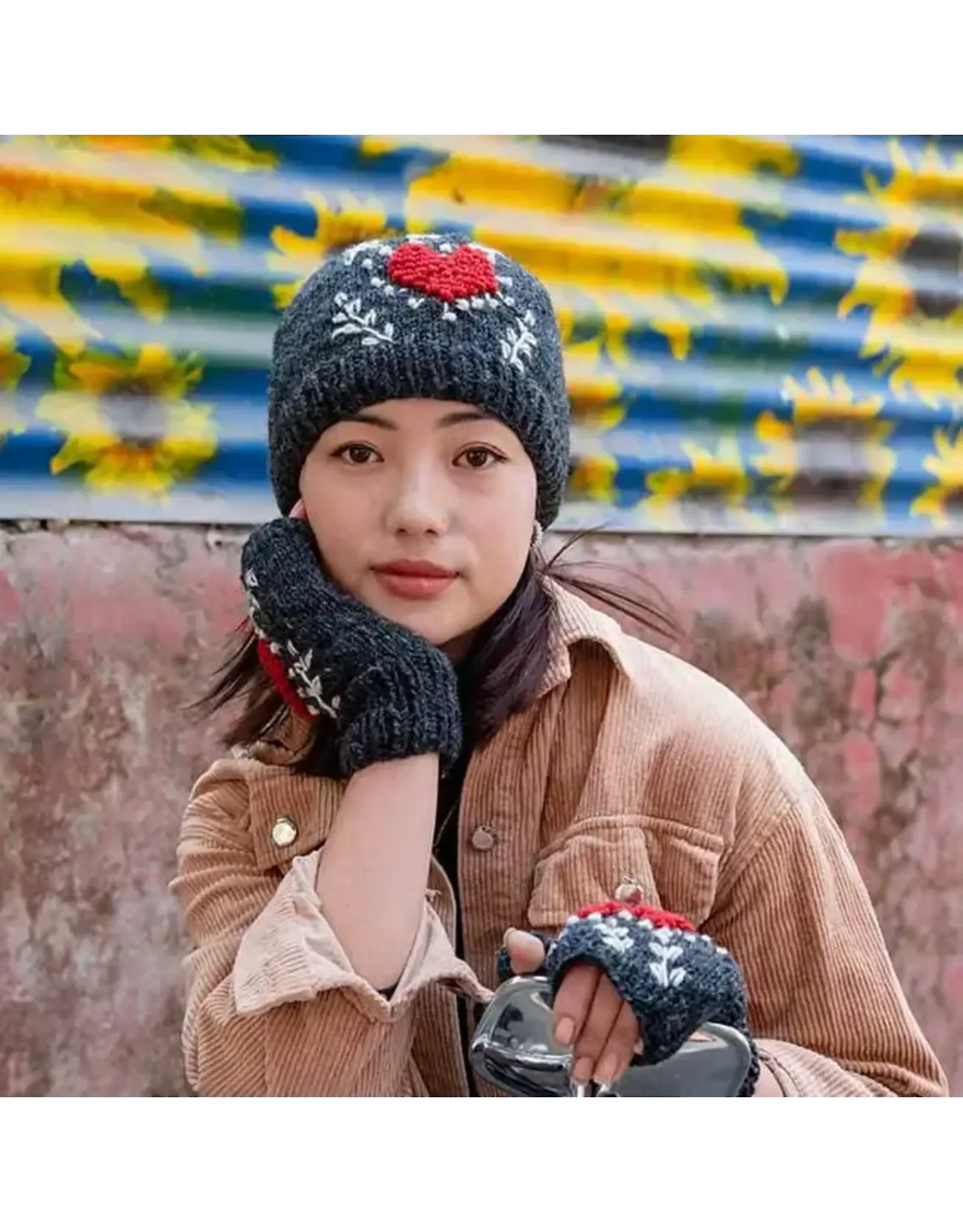 Hand Made Wool Knit Hat W/Heart Design, Fleece Lined, Nepal