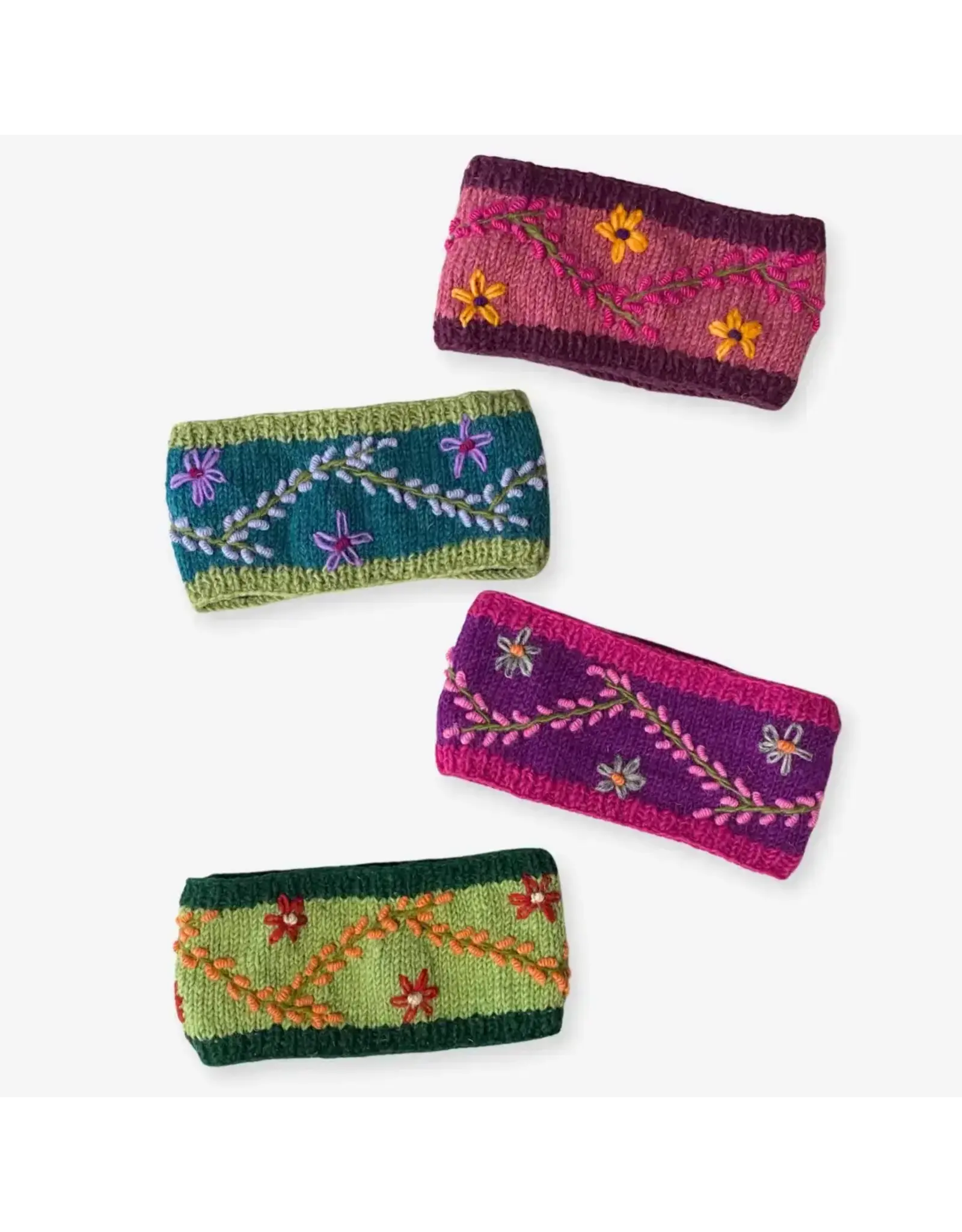 Wool Knit Headband W/Vine Embroidery, Fleece Lined
