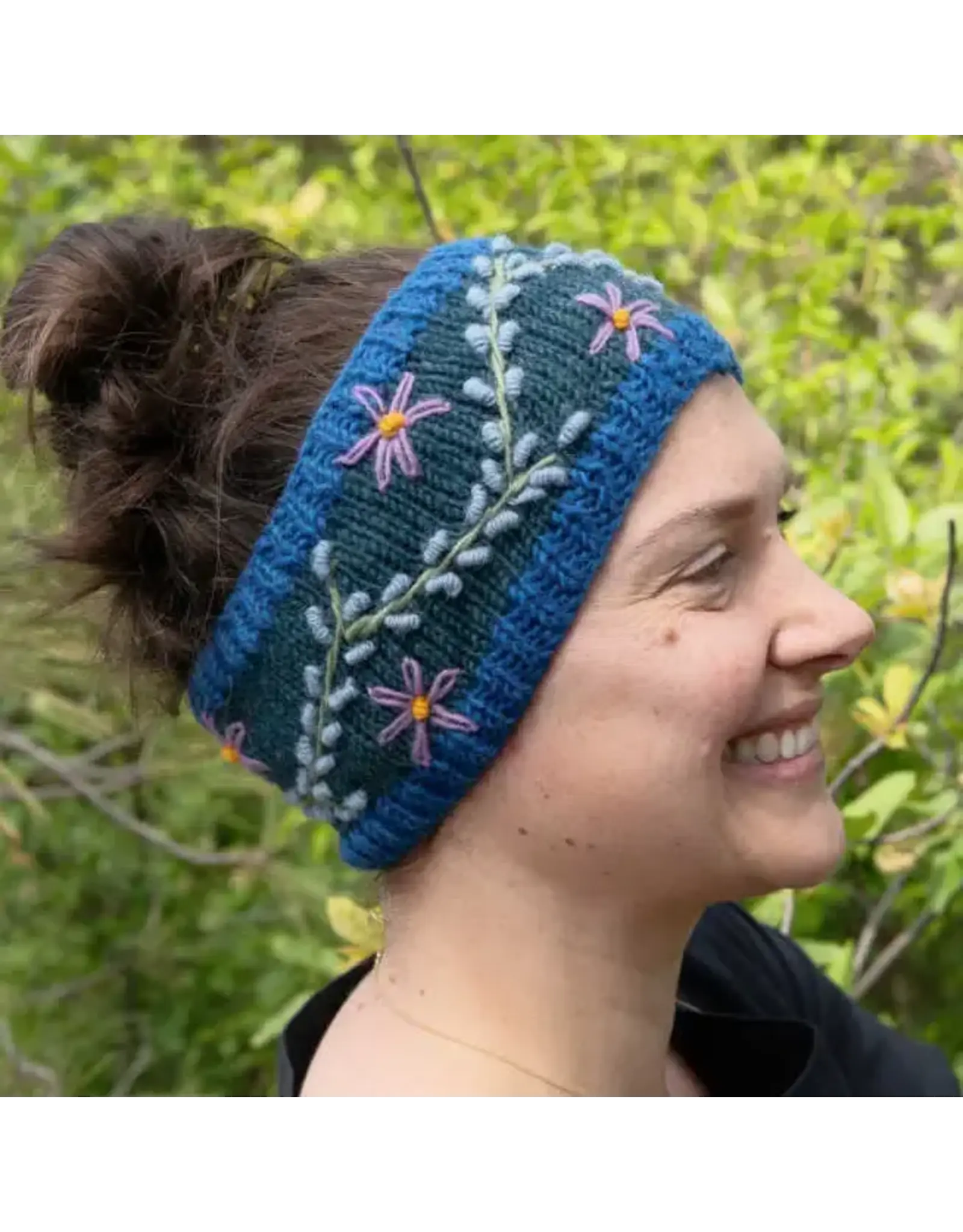 Wool Knit Headband W/Vine Embroidery, Fleece Lined