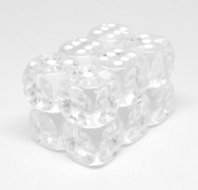 CHX23601 Dés «transparents clair avec points blancs» D6 16mm / 12 dés