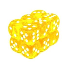 CHX23602 Dés « transparents jaune avec points blancs» D6 16mm / 12  dés