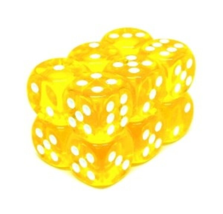 CHX23602 Dés « transparents jaune avec points blancs» D6 16mm / 12  dés