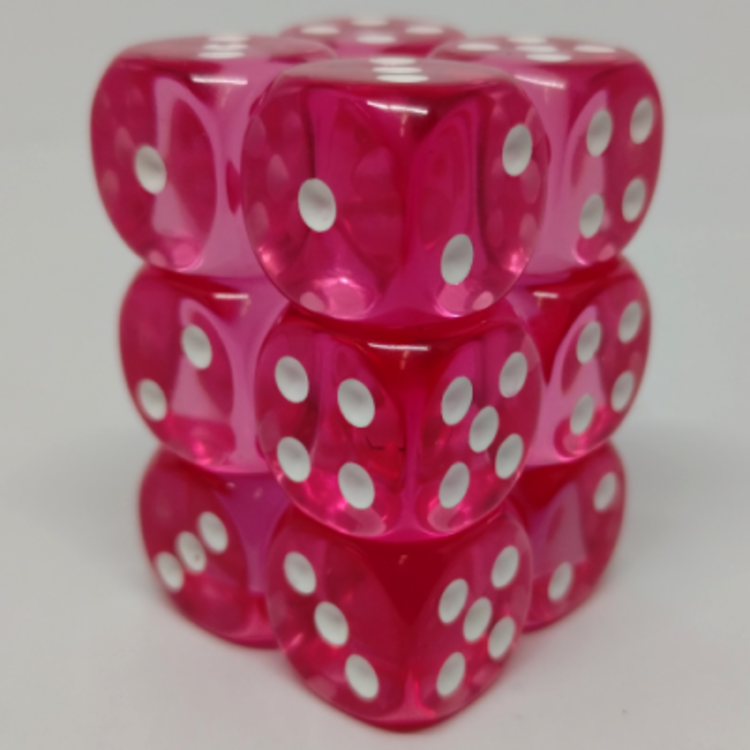 CHX23614 Dés «transparents rose avec points blancs» D6 16mm / 12 dés