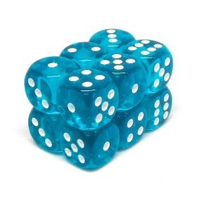 CHX23615 Dés «transparents sarcelle avec points blancs» D6 16mm / 12 dés