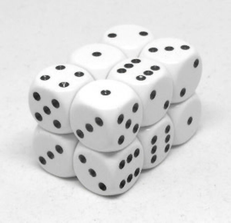 CHX25601 Dés «opaques blanc avec points noirs» D6 16mm / 12 dés