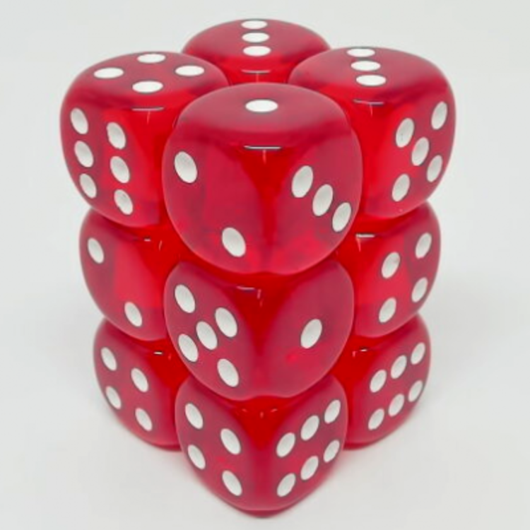 CHX23604 Dés « transparents rouge avec points blancs» D6 16mm / 12 dés