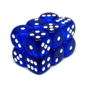 CCHX23606 Dés « transparents bleu avec points blancs» D6 16mm / 12 dés