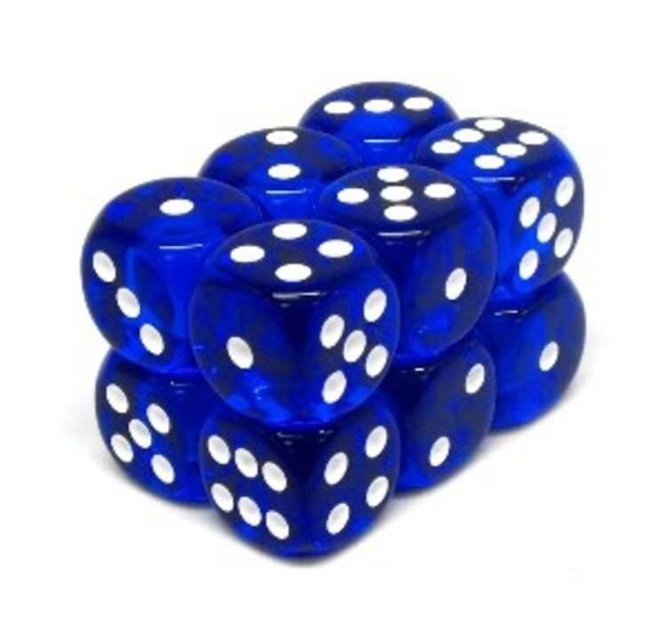 CHX23606 Dés « transparents bleu avec points blancs» D6 16mm / 12 dés