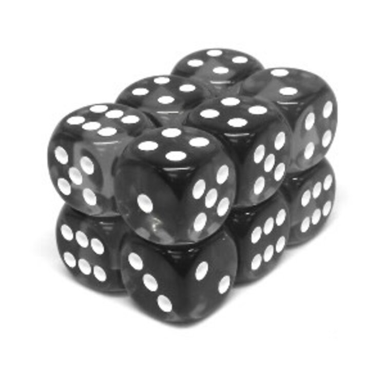 CHX23608 Dés « transparents fumée avec points blancs» D6 16mm / 12 dés